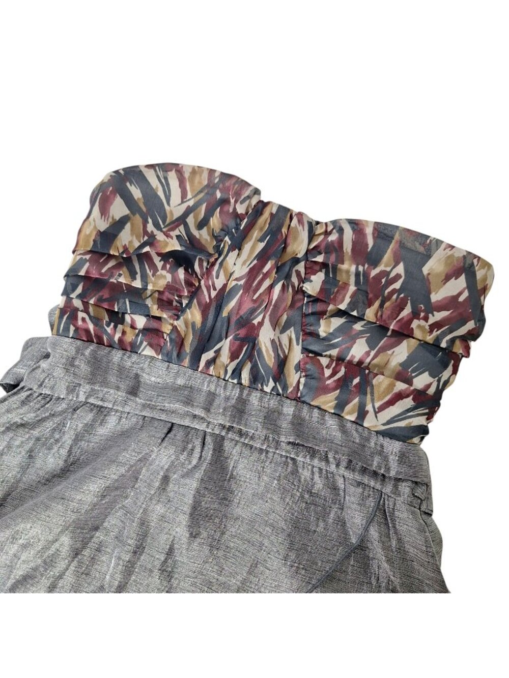 Tini Lili Strapless Tiered Ruffled Mini Dress Abstract Metallic Silver Gray Med